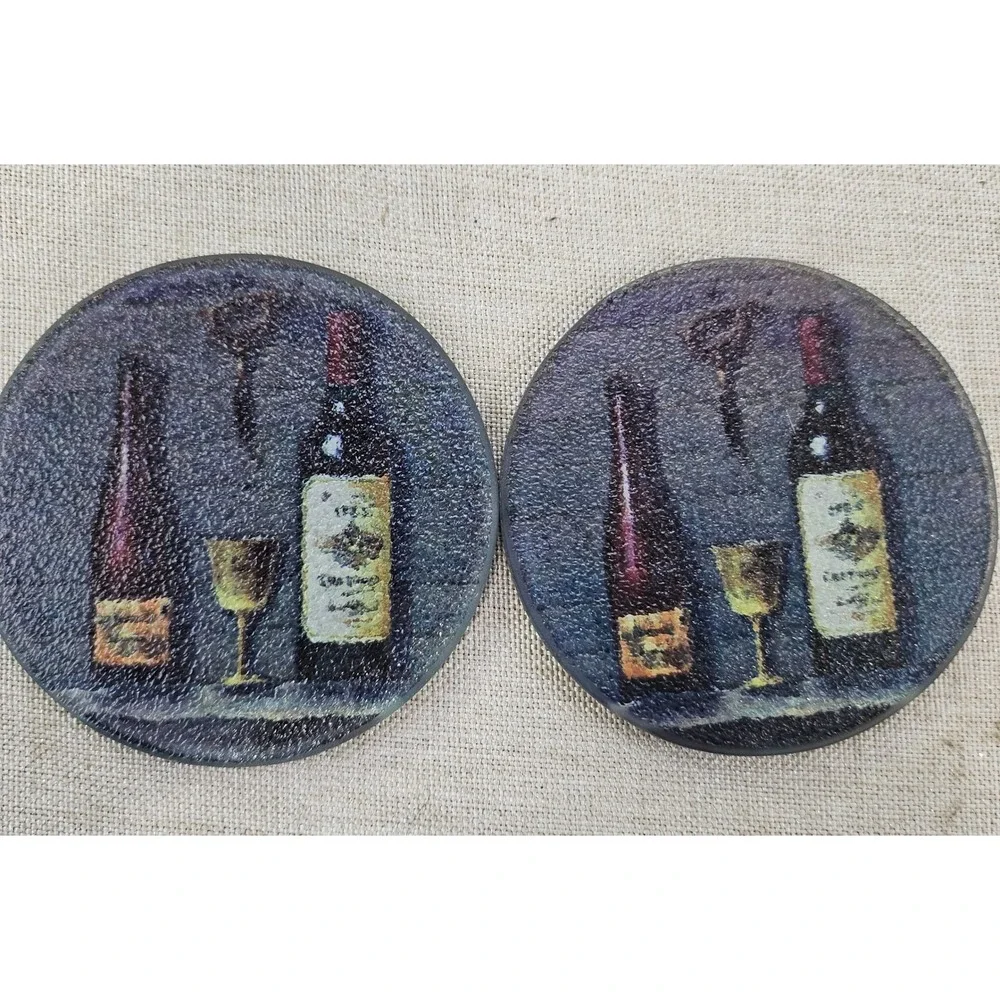 Pomerantz Tuscan Cellars Glass Coaster Set Wine Theme 6pc Round Vintage 6060